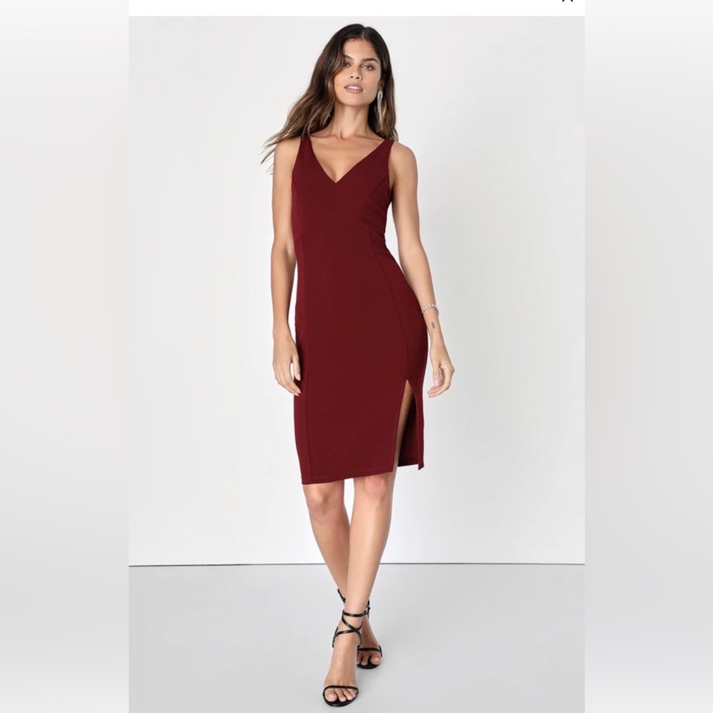 Lulus, wine colored midi dress.